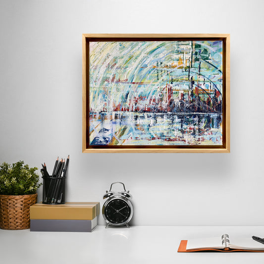 Abstract city skyline sits off-center to the right side of canvas and reflects in the ripples of water below. Emanating waves of white, light blue and grey rings pulse from the ominous dark blue and crimson city center, expanding out circular bands.