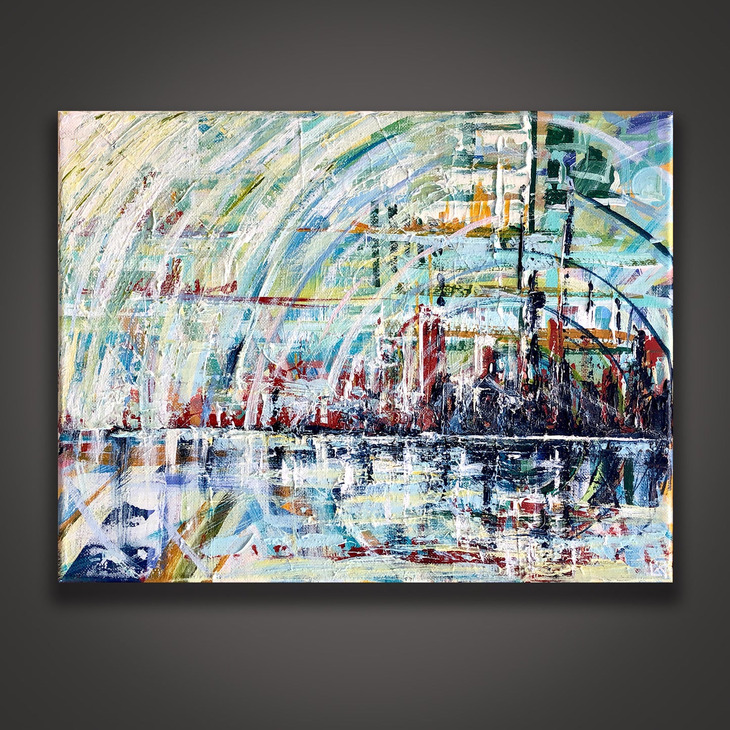 Abstract city skyline sits off-center to the right side of canvas and reflects in the ripples of water below. Emanating waves of white, light blue and grey rings pulse from the ominous dark blue and crimson city center, expanding out circular bands.