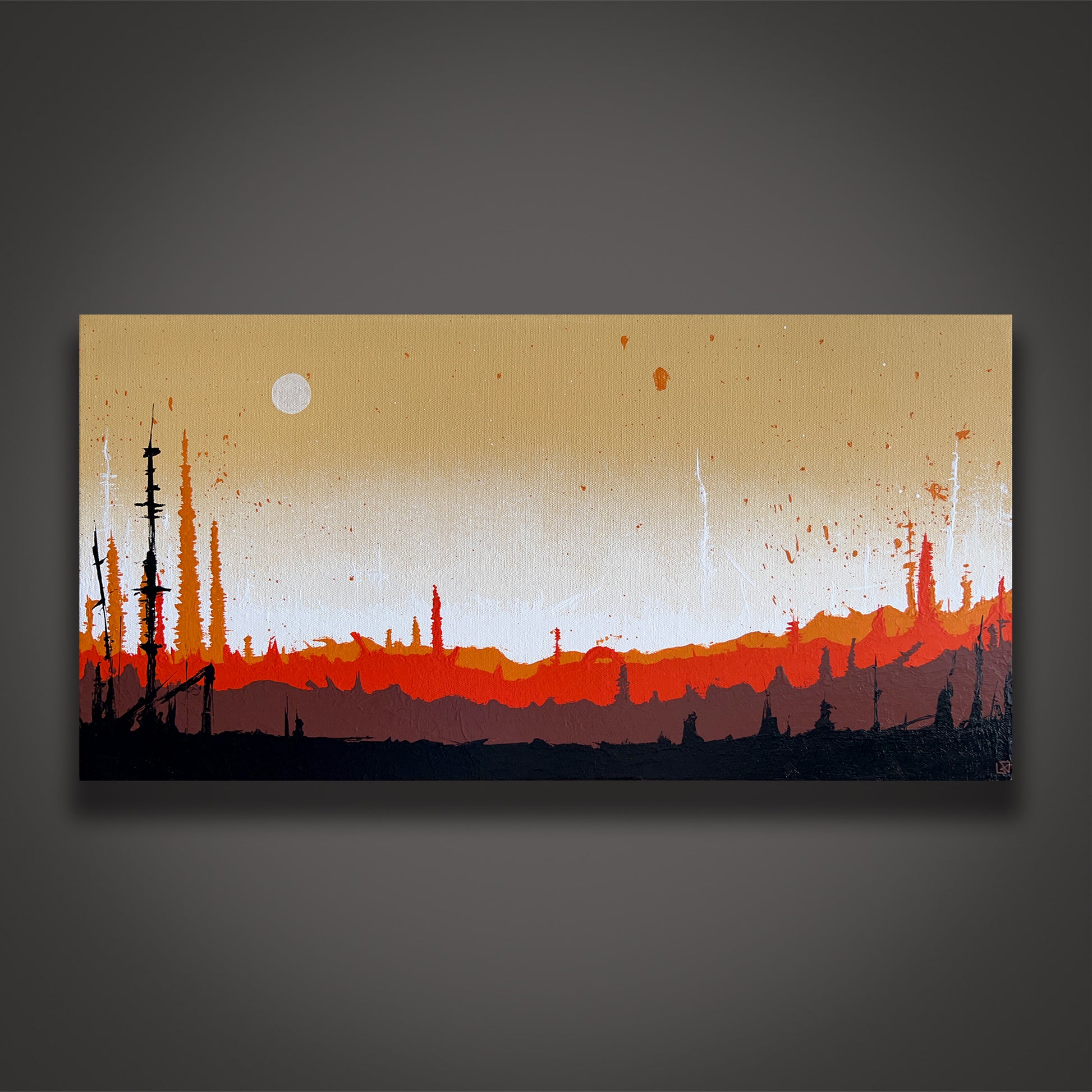 A somber moon hangs in a dusty brown sky above a ruined landscape. The last of the day glows white from below a layered horizon of orange, fire red, brown and shadowy black. Remnants of once was, stand like spires, silhouetted against the waning light, defiantly anchored to the rubble afoot.